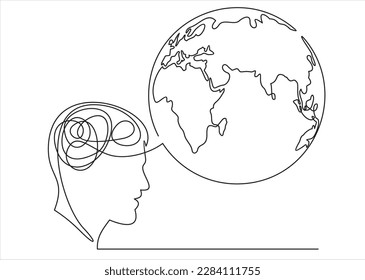 Concepto de cerebro de la paz. Dibujo continuo de una línea de la cabeza humana con el globo interior. Piensen en el mundo.	