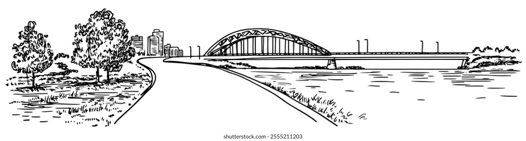 Peace Bridge in Calgary with its futuristic design, doodle hatching vector sketch, panoramic view