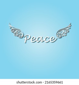 Banner de caligrafía de paz con sombra y con alas sobre fondo degradado de cielo azul. Ilustración vectorial.