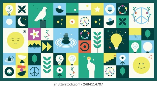 Peace, calm, ideas, and happiness vector background with a bird, a hand, leaves, flowers, symbols, and more. Grid layout-based illustration.