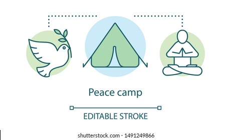 Peace camp concept icon. Anti war movement, nonviolent resistance, pacifism idea thin line illustration. White dove, tent and meditating protester vector isolated outline drawing. Editable stroke