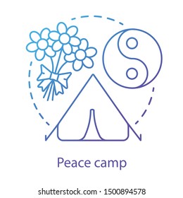 Peace camp concept icon. Anti war protest, hippie movement, pacifism idea thin line illustration. Yin yang symbol, tent and flowers bouquet vector isolated outline drawing. Nonviolent resistance