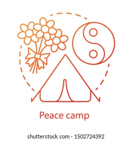 Peace camp concept icon. Anti war protest, hippie movement, pacifism idea thin line illustration. Yin yang symbol, tent and flowers bouquet vector isolated outline drawing. Peaceful resistance