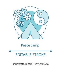 Peace camp concept icon. Nonviolent anti war protest, hippie movement, pacifism idea thin line illustration. Yin yang symbol, tent and flowers bouquet vector isolated outline drawing. Editable stroke