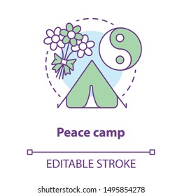 Peace camp concept icon. Peaceful anti war protest, hippie movement, pacifism idea thin line illustration. Yin yang symbol, tent and flowers bouquet vector isolated outline drawing. Editable stroke