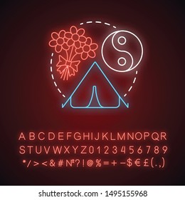 Peace Camp Neon Light Concept Icon. Anti War Protest, Hippie Movement, Pacifism Idea. Glowing Sign With Alphabet, Numbers And Symbols. Yin Yang Symbol, Tent And Flowers Vector Isolated Illustration