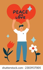 Peace card. Man holding heart. Love and peacekeeping. Cute smiling young guy. Pacifism and humanism poster design. Blooming flowers. International holiday. Vector cartoon