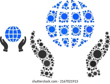Peace care hands mosaic icon. Vector mosaic done from random coronavirus items. Coronavirus mosaic peace care hands icon. Peace care hands mosaic for pandemic images.