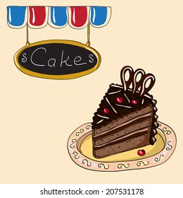 Peace of chocolate cake on a plate and chalk blackboard signboard. Hand drawn vector illustration.
