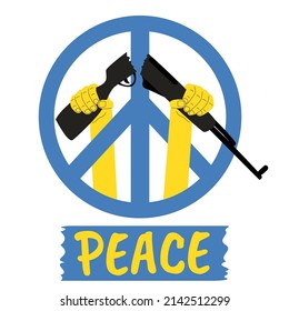 Guión y signo de concepto de paz, rifle roto por las manos de colores azul y amarillo, sin afiche de guerra, ilustración vectorial de banner