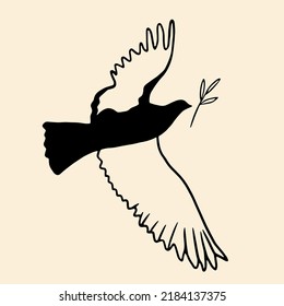 Peace concept vector illustration. Flying bird with olive branch.. Dove of peace doodle illustration