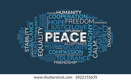 Peace and Cooperation Word Cloud Typography with Positive Human Values Text on Blue Background