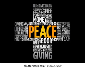 Peace cross word cloud collage, social concept background