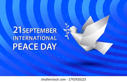 Peace Day banner with white origami dove. Polygonal pigeon with branch symbol on blue striped background.