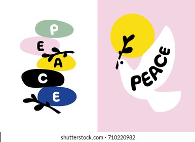 Peace day card with balanced stones and dove holding olive branch