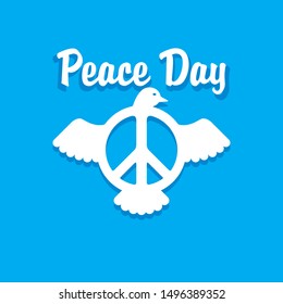 Peace Day card - logo with peace sign (pacific emblem) and flying white dove (pigeon) inside - vector holiday banner