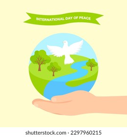 Composición del Día de la Paz con el planeta Tierra y una paloma blanca en las manos