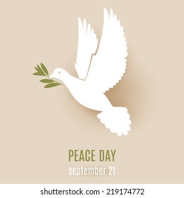 Peace day design with flying white dove with olive branch in its beak