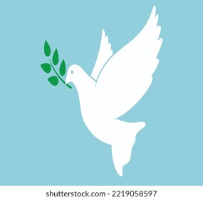 Peace day design with flying white dove with green olive twig in its beak. Vector flat illustration on dark blue background.