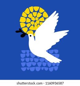 Peace day greeting card with flying dove holding olive branch on background of mosaic sun and sea