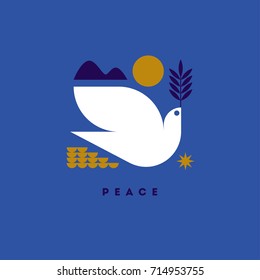 Peace day greeting card with flying dove and symbols of hope