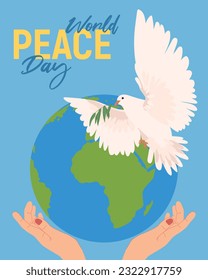 Peace Day. Hands hold a globe, earth. Dove with an olive branch. Flat illustration in cartoon style. Vector. The concept of hope, sign of freedom and independence, a manifestation of the holy spirit.