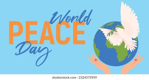 Peace Day. Hands hold a globe, earth. Dove with an olive branch. Flat illustration in cartoon style. Vector. The concept of hope, sign of freedom and independence, a manifestation of the holy spirit.