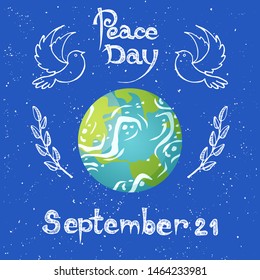 Peace day holiday vector, September 21 celebration of event, conservation of planet. Earth with flying doves and olive branches with foliage and leaves