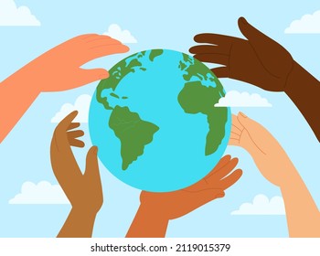 Peace day. International earth protection, hands of different people holding globe. Peaceful planet, hope and friendship. Environment save decent vector banner