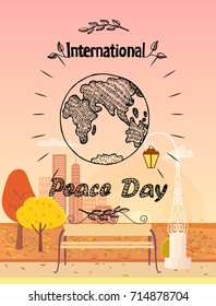 Peace day international holiday poster with sketch of Earth planet surrounded by branches vector illustration logo design on background of autumn city