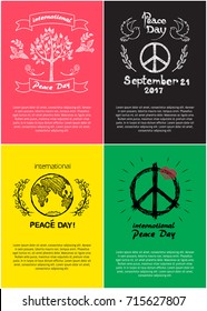 Peace day international holiday posters with sketch of Earth planet surrounded by branches, hippie sign, tree and doves vector illustration logo design