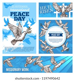 Peace day international holiday sketch banners with symbolic white doves. Pigeons as holy symbols for worldwide celebration and missionary works. Domestic or wild bird with spread broad wings vector