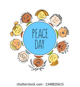 Peace day.  Multinational friendship of children from around the world Vector illustration. 