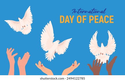 Peace Day. People release white doves into the sky. Flat cartoon style illustration. Vector. Concept of hope, sign of freedom and independence, manifestation of the holy spirit.