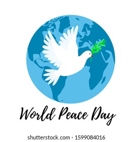 Peace Day poster with a white dove flying over an earth planet. Pingeon bird holding an olive branch. Vector illustration.