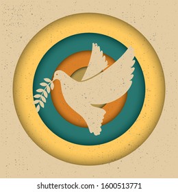 Peace Day poster with white pigeon holding an olive branch. Vector illustration.
