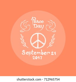 Peace Day September 21 2017 logo vector illustration. Hippie emblem surrounded by doves and spikelets from both left and right sides on orange background