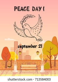 Peace Day September 21 emblem. Dove with twig in beak on vector illustration. Autumn city on background with golden yellow trees and ground covered with leaves