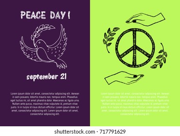 Peace day! September 21, two pictures concerning holiday presenting symbols and filling form for text isolated on green and purple vector illustration