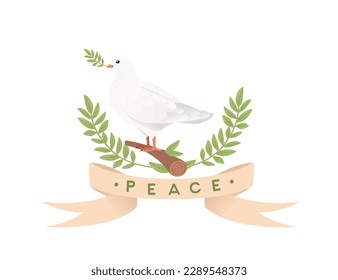 Peace day sign with white pigeon bird and green leaves vector illustration