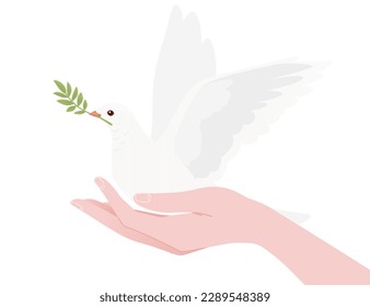 Peace day sign with white pigeon bird and green leaves vector illustration