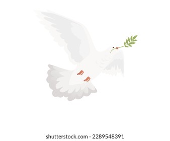 Peace day sign with white pigeon bird and green leaves vector illustration