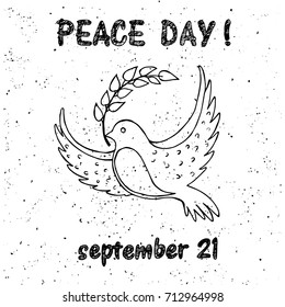 Peace Day symbol pigeon with olive branch in beak. Vector illustration isolated on white background. Dove with a twig in concept of harmony and love