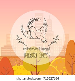 Peace day symbol pigeon with olive branch in beak vector illustration. Dove with in concept of harmony and love logo on autumn city park background