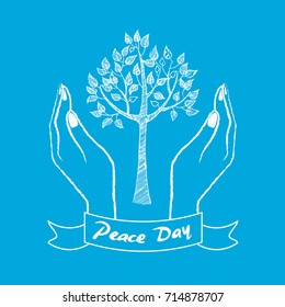 Peace day symbol with two hands taking care about growing tree vector illustration isolated on blue background. Human hands protecting plant
