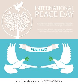 Peace Day vector banners template with doves and tree leaves on blue background