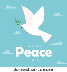  Peace day vector illustration of white dove bird on blue sky background.