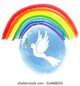 Peace day. White pigeon bird with watercolor blue sky and colored rainbow texture background.Dove with Olive laurel branch.Vector illustration.Education poster.Friendship, peace symbol.