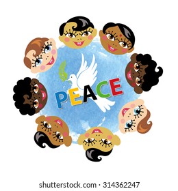 Peace day.Faces of children of various nationalities,watercolor blue sky texture,white pigeon with Olive laurel branch.Flat vector illustration.Education poster.Friendship, peace symbol, childhood