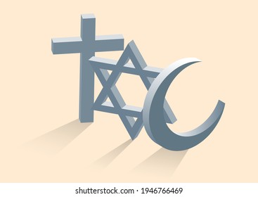 Peace and dialogue between religions. Christian symbols, jew and Islamic